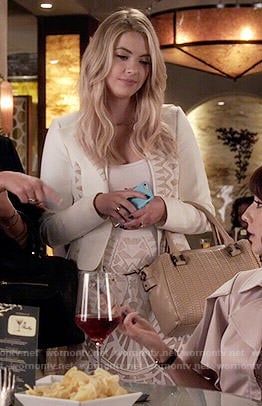 Hanna's white jacket and skirt with cutouts on Pretty Little Liars