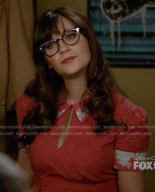Jess's red dotted dress with floral collar on New Girl