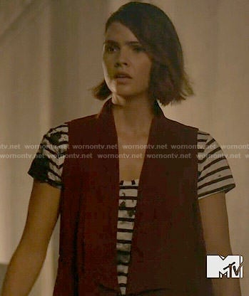 Malia's striped and splatter print tee and red vest on Teen Wolf