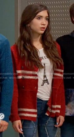 Riley's red striped knit jacket and Eiffel Tower top on Girl Meets World