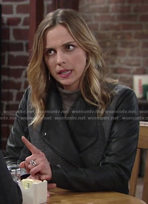 Sage's grey coat with leather sleeves on The Young and the Restless