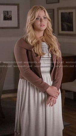 Ali's white embroidered dress and pink jacket on Pretty Little Liars