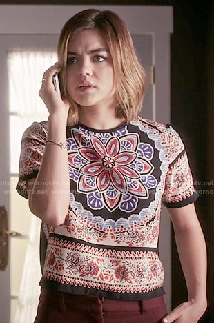Aria's scarf print top on Pretty Little Liars