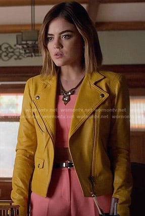 Aria's yellow leather jacket on Pretty Little Liars