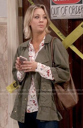 Penny's white floral shirt and green army jacket on The Big Bang Theory