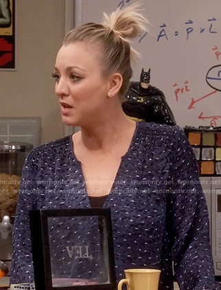 Penny's navy printed blouse on The Big Bang Theory