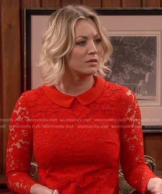 Penny's red collared lace dress on The Big Bang Theory