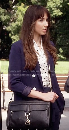 Spencer's white polka dot wrap top and navy suit on Pretty Little Liars