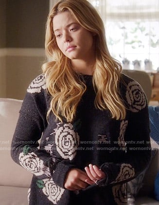 Ali's black rose print sweater on Pretty Little Liars