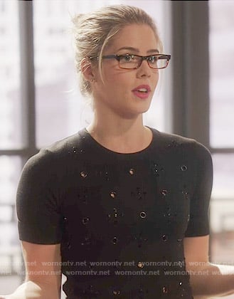 Felicity's black embellished eyelet top on Arrow