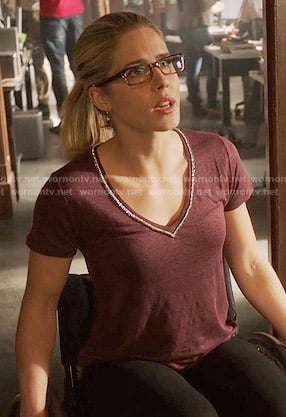 Felicity's burgundy v-neck t-shirt with embellished trim on Arrow