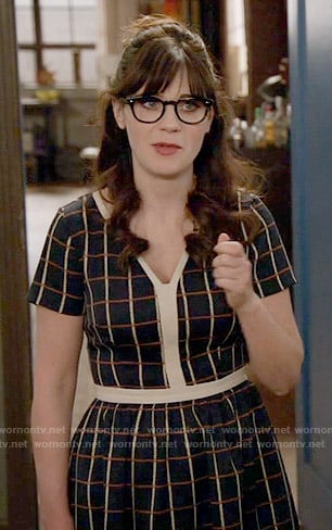 Jess's checked dress with white trim on New Girl