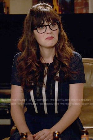 Jess's navy lace-striped dress on New Girl