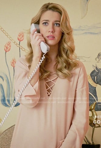 Petra's blush pink lace-up dress on Jane the Virgin