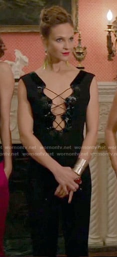Phoebe's black lace-up jumpsuit on Girlfriends Guide to Divorce