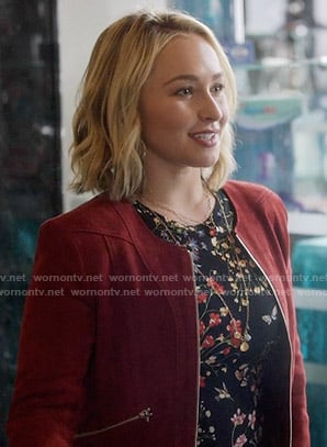 Juliette's black floral top and red suede jacket on Nashville