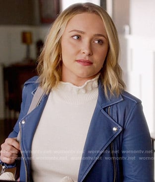 Juliette's white ruffled neck sweater and blue moto jacket on Nashville