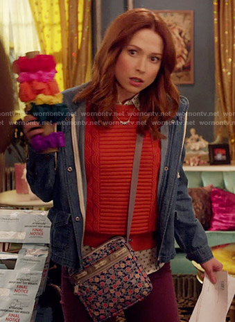 Kimmy's bee print shirt, red sweater and chambray hoodie on Unbreakable Kimmy Schmidt
