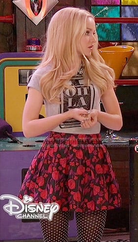 Liv's red floral skirt and Oh La La tee on Liv and Maddie