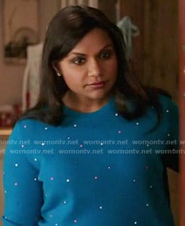Mindy's blue dotted sweater on The Mindy Project