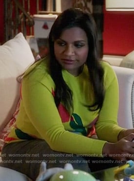 Mindy's yellow graphic print sweater on The Mindy Project