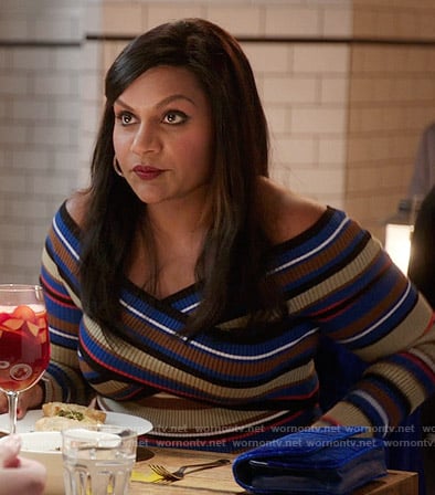 Mindy's striped off-shoulder dress on The Mindy Project