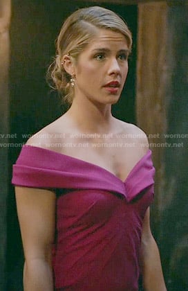 Felicity's pink off-shoulder gown on Arrow