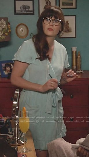 Jess's blue ruffled trim robe on New Girl