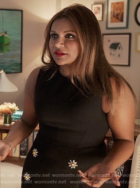 Mindy's navy dress with crystal flower buttons on The Mindy Project