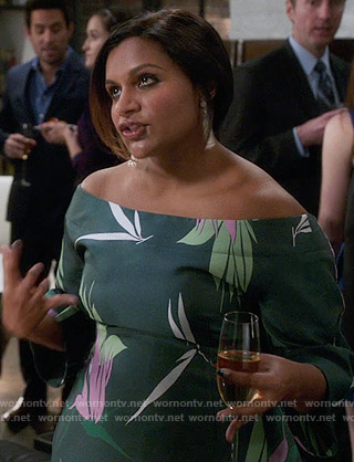 Mindy's green floral off-shoulder dress on The Mindy Project