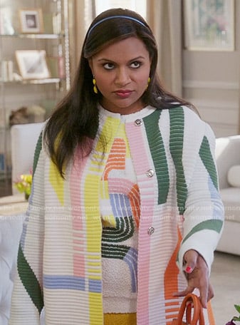 Mindy's multi colored stripe print sweater and coat on The Mindy Project