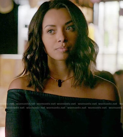 Bonnie's denim off-shoulder dress on The Vampire Diaries