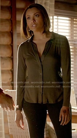 Bonnie's green ribbed button down shirt on The Vampire Diaries