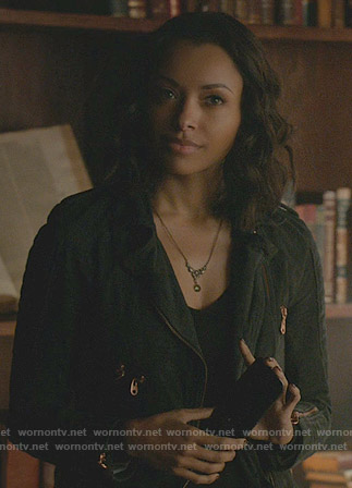 Bonnie's suede jacket with bronze zips on The Vampire Diaries
