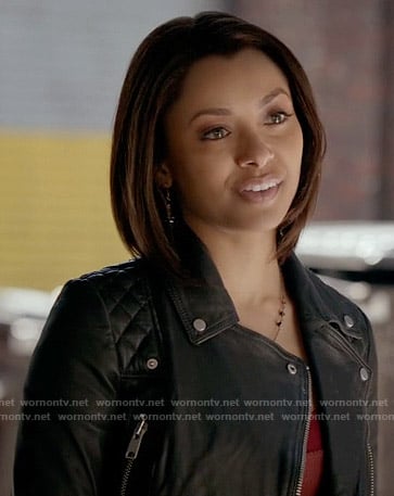 Bonnie's black leather jacket with quilted shoulders on The Vampire Diaries