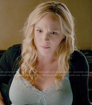 Caroline's blue lace trim cami on The Vampire Diaries