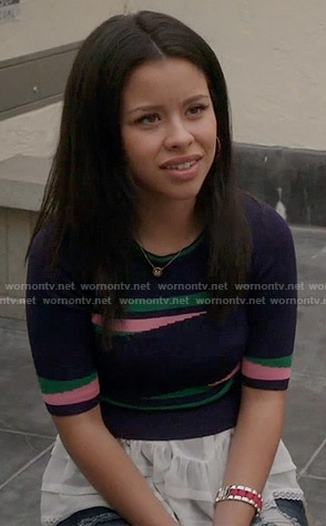 Mariana's navy, pink, and green top and zip up wedge sandals on The Fosters