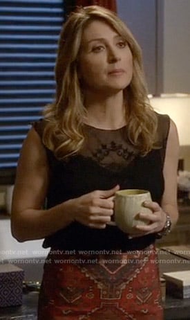 Maura's black embroidered top and printed skirt on Rizzoli and Isles