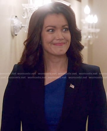 Mellie's blue asymmetric neck dress on Scandal
