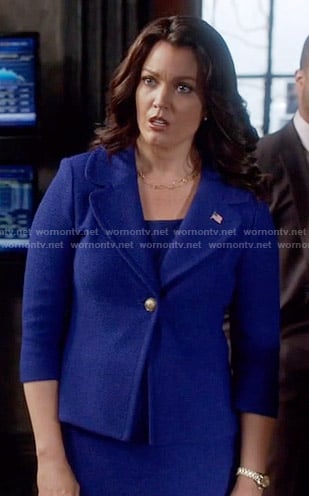 Mellie's blue blazer with gold button on Scandal