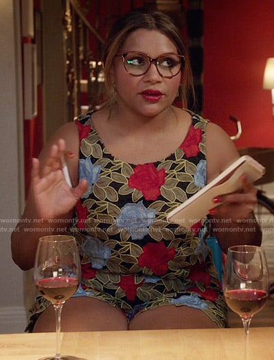 Mindy's red and blue floral lace top and shorts on The Mindy Project