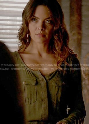 Nora's army green shirtdress on The Vampire Diaries