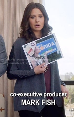 Quinn's grey cardigan with leather sleeve insets on Scandal