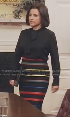 Selina's striped pencil skirt and black tie neck blouse on Veep