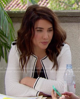 Steffy's white jacket with black trim on The Bold and the Beautiful