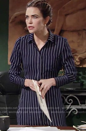 Victoria's navy blue striped shirtdress on The Young and the Restless