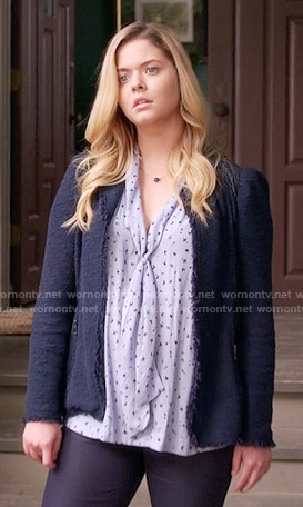 Ali's blue printed tie neck blouse and tweed jacket on Pretty Little Liars