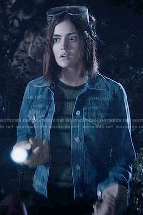 Aria's green striped top and denim jacket on Pretty Little Liars