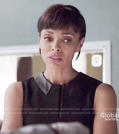 Camille's black sleeveless top with leather collar on Bones