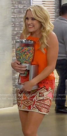 Emily's red crochet trim top and patterned skirt on Young and Hungry